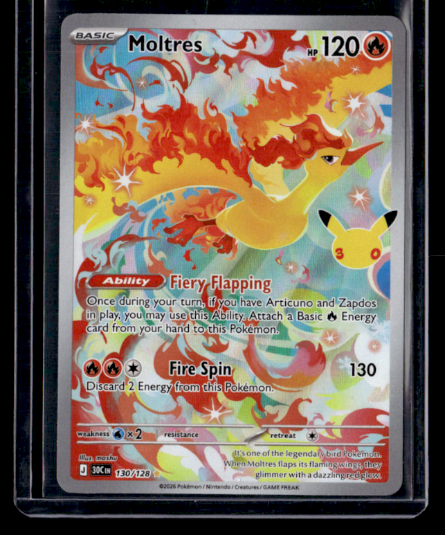 Moltres Holo Illustration Rare ME: 30th Celebration 130/128 NM