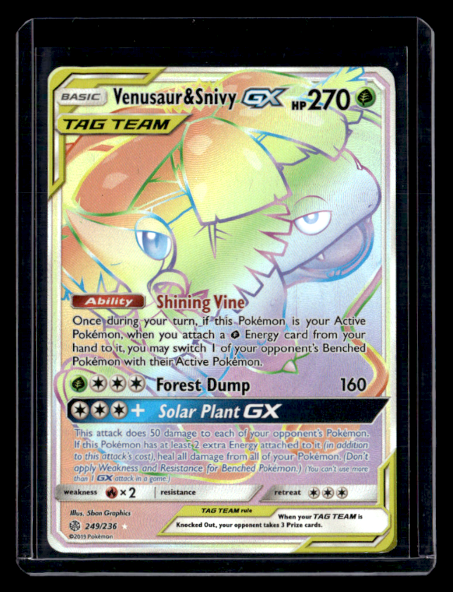 Venusaur & Snivy GX (Secret) Holo Rainbow Rare SM - Cosmic Eclipse 249/236 NM